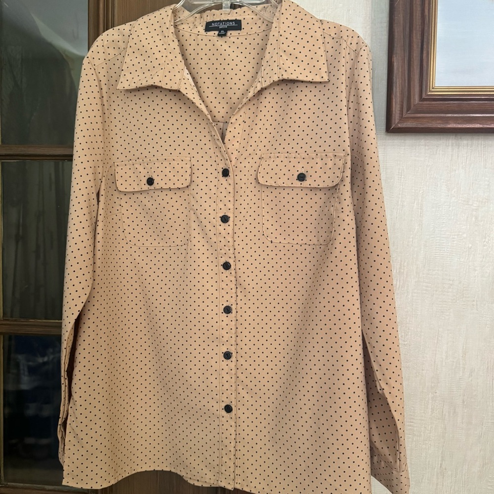 Notations Tan Button Down Shirt with Black Polka Dots